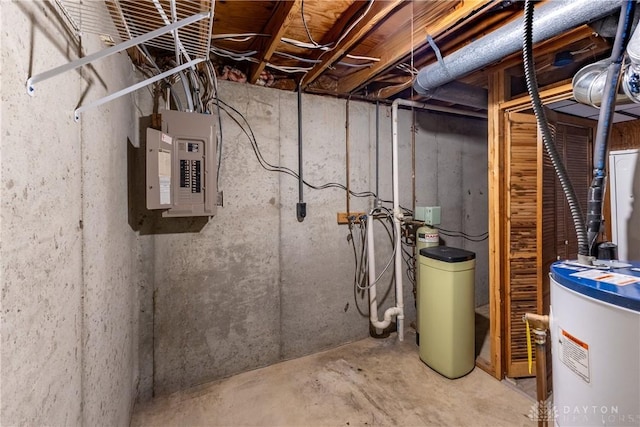 6235 Pheasant Hill Rd, Dayton, OH 45424 - unfinished below grade area with electric panel, electric water heater, and a water softener