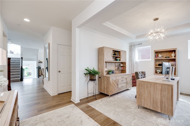 598 Twilight Ln, Dayton, OH 45440 - office space featuring light wood-style flooring, a chandelier, ornamental molding, healthy amount of natural light, and recessed lighting