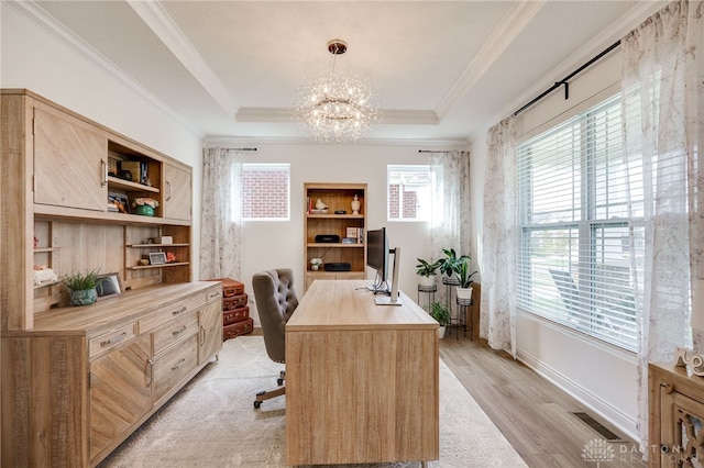 598 Twilight Ln, Dayton, OH 45440 - office space featuring a chandelier, ornamental molding, light wood-style floors, and a raised ceiling