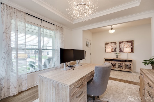 598 Twilight Ln, Dayton, OH 45440 - home office featuring plenty of natural light, ornamental molding, a chandelier, and light wood finished floors