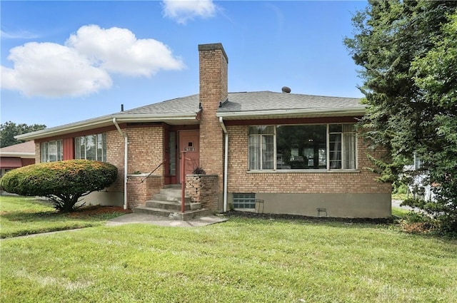 6101 Capri Dr, Cincinnati, OH 45224 - view of front of property with brick siding, a front lawn, a chimney, and a shingled roof