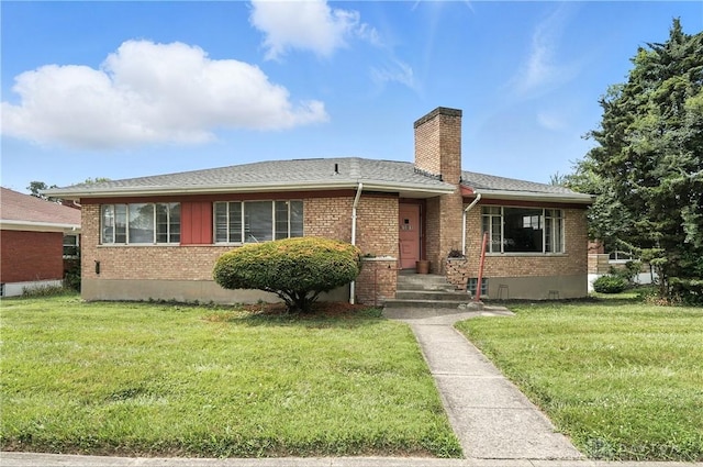 6101 Capri Dr, Cincinnati, OH 45224 - ranch-style home with brick siding, a chimney, a front lawn, and roof with shingles