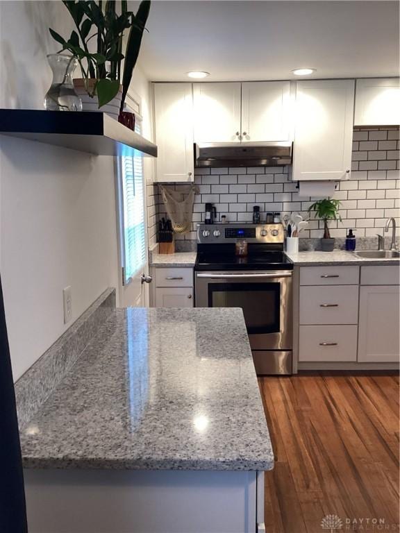 150 Lexington Farm Rd, Englewood, OH 45322 - kitchen with stainless steel electric range, under cabinet range hood, white cabinetry, decorative backsplash, and dark wood-style floors