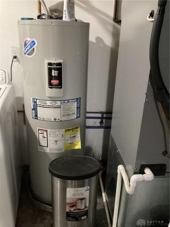 150 Lexington Farm Rd, Englewood, OH 45322 - utility room featuring electric water heater, washer / clothes dryer, and heating unit
