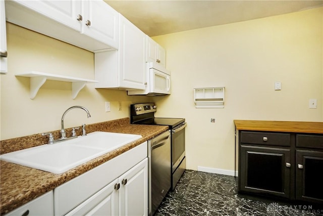 291 Schlitz Dr, Fayetteville, OH 45118 - kitchen with appliances with stainless steel finishes, open shelves, white cabinets, dark marble finish flooring, and dark cabinetry