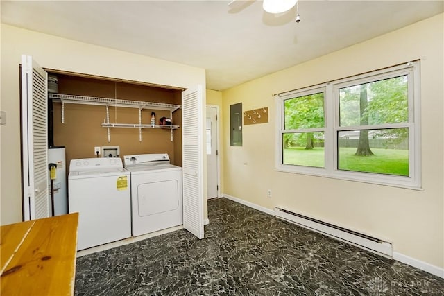 291 Schlitz Dr, Fayetteville, OH 45118 - laundry room with a baseboard heating unit, electric panel, a ceiling fan, gas water heater, and washer and clothes dryer