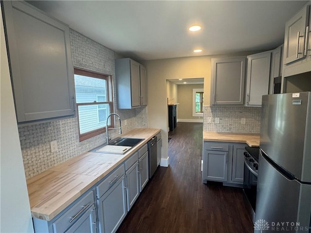 2627 Wayland Ave, Dayton, OH 45420 - kitchen with appliances with stainless steel finishes, backsplash, gray cabinetry, dark wood-style flooring, and wooden counters