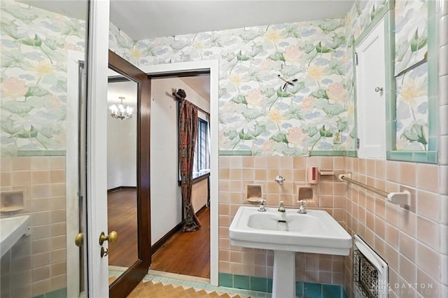 715 E Schantz Ave, Oakwood, OH 45419 - half bathroom with wallpapered walls, tile walls, wainscoting, and tile patterned flooring