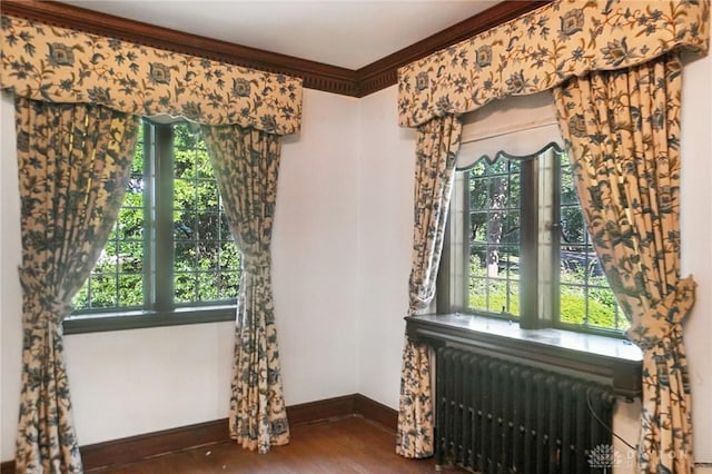 715 E Schantz Ave, Oakwood, OH 45419 - empty room with radiator heating unit, healthy amount of natural light, ornamental molding, and wood finished floors