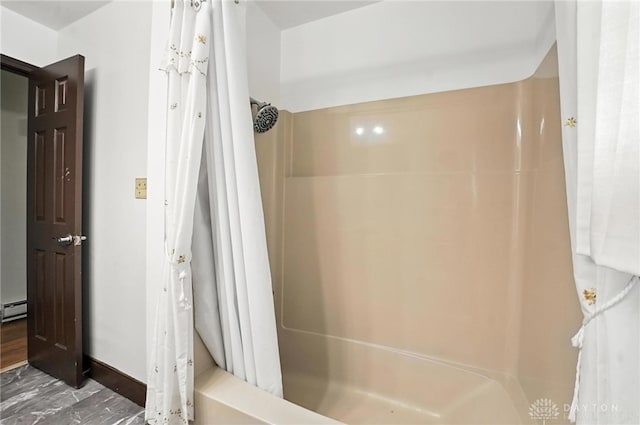2042 Hilltop Rd, Xenia, OH 45385 - bathroom with shower / bath combination with curtain and a baseboard heating unit