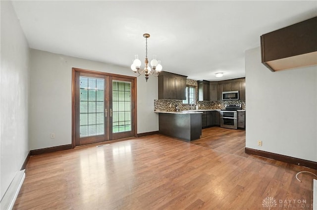 2042 Hilltop Rd, Xenia, OH 45385 - kitchen featuring appliances with stainless steel finishes, tasteful backsplash, a chandelier, and light wood finished floors