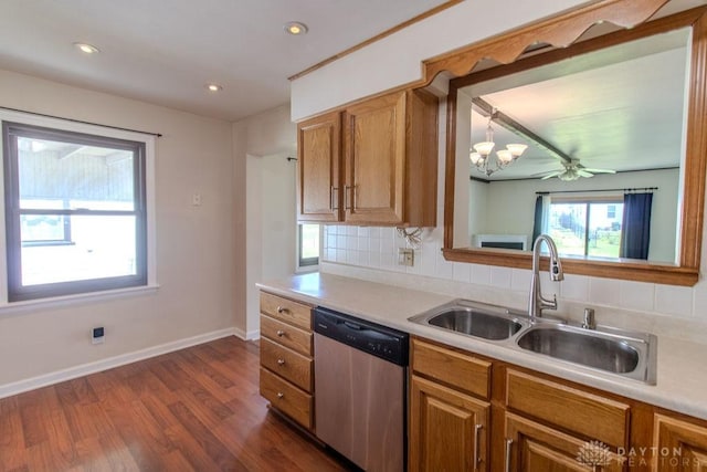 27 Hillview Ave, Miamisburg, OH 45342 - kitchen with dishwasher, brown cabinetry, dark wood-style flooring, tasteful backsplash, and recessed lighting