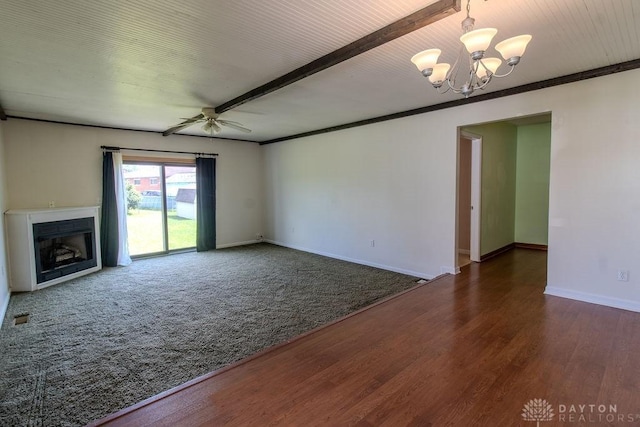 27 Hillview Ave, Miamisburg, OH 45342 - unfurnished living room with a chandelier, a ceiling fan, a fireplace, and wood finished floors