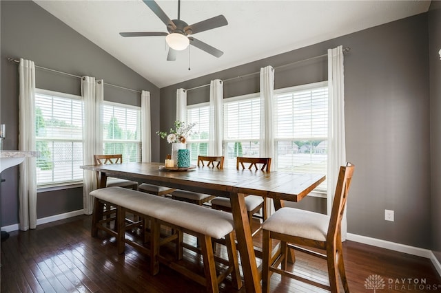 2937 E Ambrosia Ln, Xenia, OH 45385 - dining room featuring lofted ceiling, plenty of natural light, dark wood-style floors, and a ceiling fan