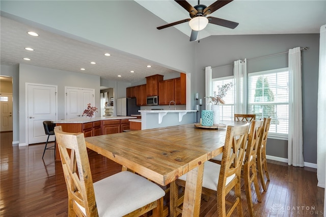 2937 E Ambrosia Ln, Xenia, OH 45385 - dining room featuring recessed lighting, ceiling fan, dark wood finished floors, and lofted ceiling