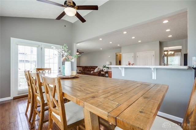 2937 E Ambrosia Ln, Xenia, OH 45385 - dining room with a ceiling fan, recessed lighting, lofted ceiling, wood finished floors, and a chandelier