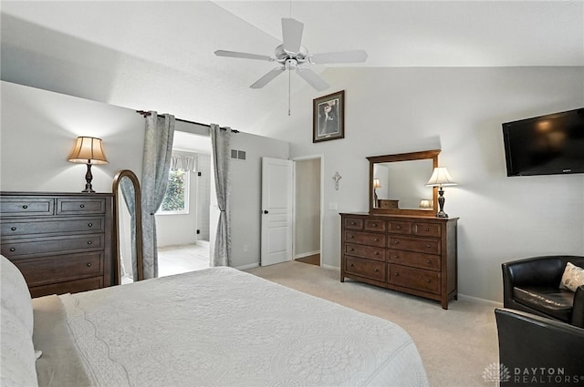7793 Birchwood Ct, Mason, OH 45040 - bedroom featuring light colored carpet, high vaulted ceiling, and a ceiling fan