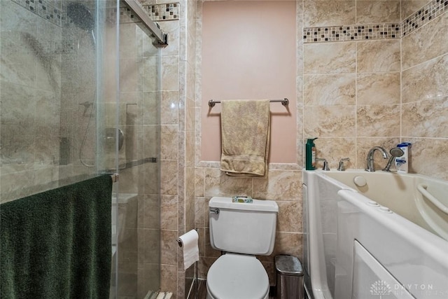 4230 Wagner Rd, Dayton, OH 45440 - bathroom featuring tile walls, a garden tub, and a shower stall