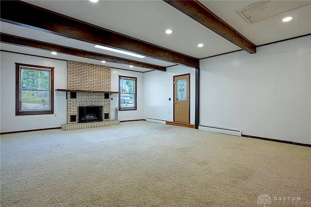 5282 Rahway Ct, Clayton, OH 45415 - unfurnished living room featuring a baseboard radiator, carpet flooring, beamed ceiling, recessed lighting, and a brick fireplace