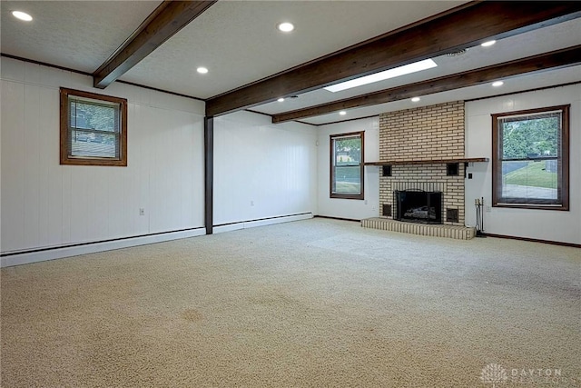 5282 Rahway Ct, Clayton, OH 45415 - unfurnished living room featuring plenty of natural light, carpet floors, beamed ceiling, baseboard heating, and recessed lighting