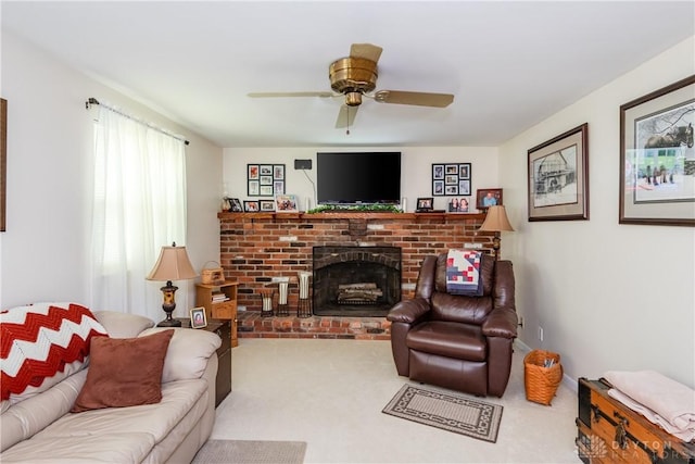1269 Redbud Dr, Fairborn, OH 45324 - carpeted living area featuring ceiling fan and a brick fireplace
