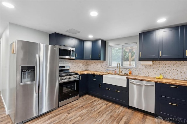5433 Pentland Cir, Huber Heights, OH 45424 - kitchen with stainless steel appliances, butcher block counters, light wood-style floors, tasteful backsplash, and recessed lighting