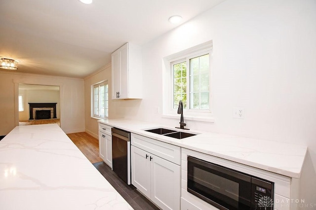 1151 Brookview Ave, Dayton, OH 45409 - kitchen with dishwasher, black microwave, white cabinets, light stone counters, and recessed lighting