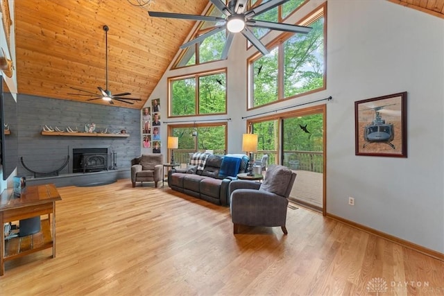 10370 Old 3c Hwy, Clarksville, OH 45113 - living area with a ceiling fan, high vaulted ceiling, wood finished floors, wooden ceiling, and a fireplace with raised hearth