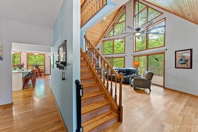 10370 Old 3c Hwy, Clarksville, OH 45113 - staircase featuring high vaulted ceiling, ceiling fan, wood finished floors, and wood ceiling