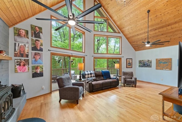 10370 Old 3c Hwy, Clarksville, OH 45113 - living room with a wood stove, a ceiling fan, high vaulted ceiling, wooden ceiling, and wood finished floors