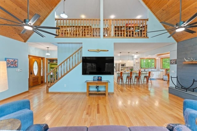 10370 Old 3c Hwy, Clarksville, OH 45113 - living area featuring high vaulted ceiling, a ceiling fan, wood finished floors, wooden ceiling, and stairs