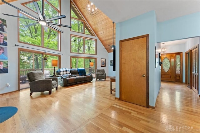 10370 Old 3c Hwy, Clarksville, OH 45113 - living room with a chandelier, high vaulted ceiling, light wood-style flooring, healthy amount of natural light, and wood ceiling