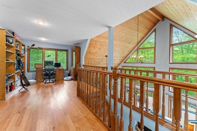 10370 Old 3c Hwy, Clarksville, OH 45113 - corridor featuring wood finished floors, an office area, lofted ceiling, and wooden ceiling