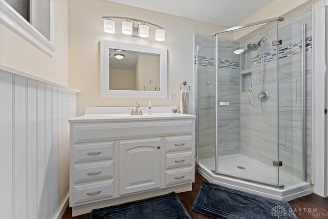 10370 Old 3c Hwy, Clarksville, OH 45113 - bathroom with a shower stall, vanity, and wood finished floors