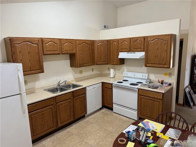 3509 Brian Ct, Middletown, OH 45044 - kitchen featuring white appliances, under cabinet range hood, light countertops, a high ceiling, and brown cabinetry