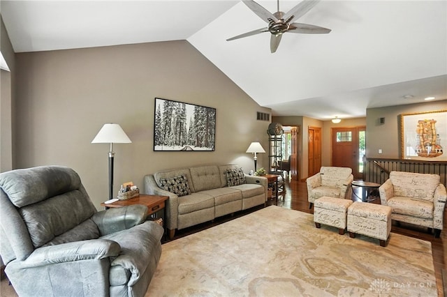 95 Sycamore Creek Dr, Springboro, OH 45066 - living room featuring a ceiling fan, wood finished floors, and high vaulted ceiling