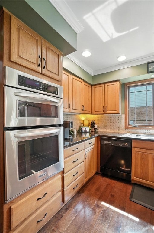 95 Sycamore Creek Dr, Springboro, OH 45066 - kitchen featuring black dishwasher, double oven, crown molding, dark wood-style floors, and tasteful backsplash