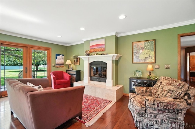 95 Sycamore Creek Dr, Springboro, OH 45066 - living room with recessed lighting, a high end fireplace, hardwood / wood-style flooring, and crown molding