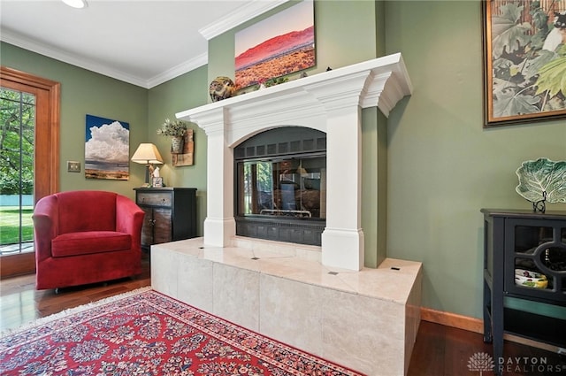 95 Sycamore Creek Dr, Springboro, OH 45066 - living area with wood finished floors, ornamental molding, and a fireplace