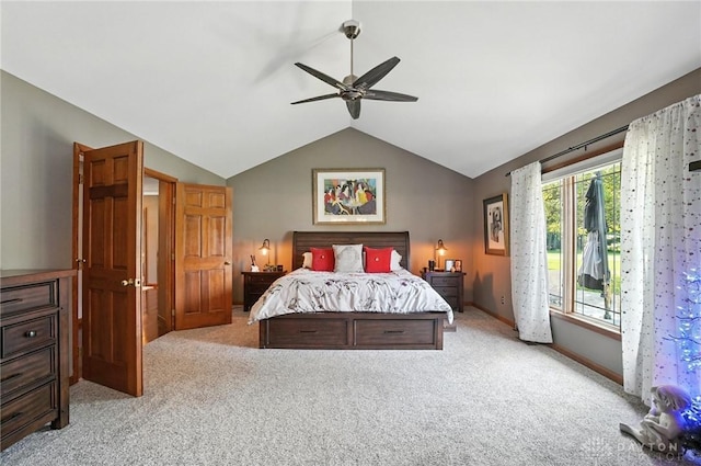 95 Sycamore Creek Dr, Springboro, OH 45066 - bedroom featuring light colored carpet, lofted ceiling, access to outside, and a ceiling fan