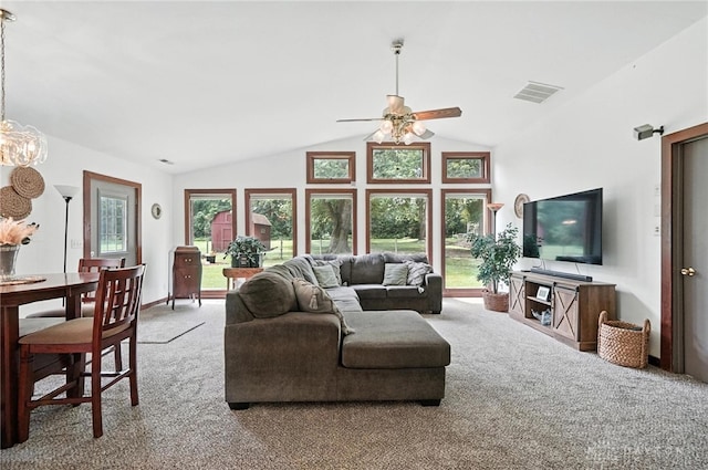 3755 Everett Dr, Loveland, OH 45140 - living room with carpet floors, a ceiling fan, and vaulted ceiling
