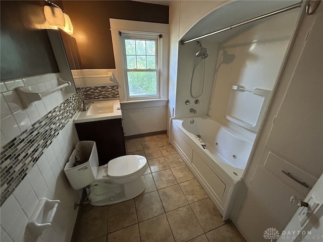 725 Sunnyview Ave, Dayton, OH 45406 - bathroom featuring vanity, tile patterned flooring, a combined bath / shower with jetted tub, and decorative backsplash