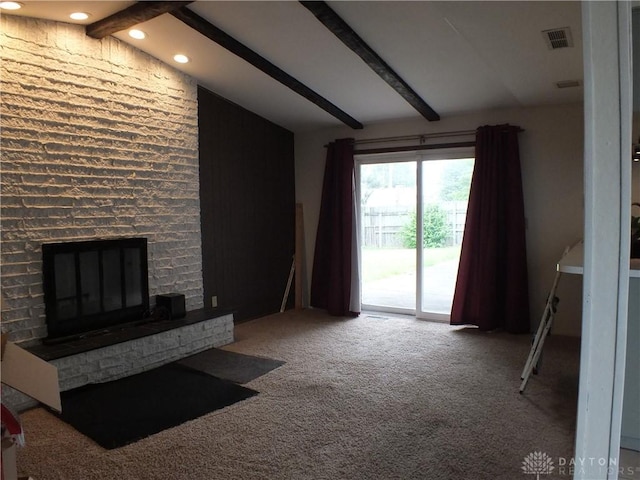 5582 Camerford Dr, Dayton, OH 45424 - unfurnished living room featuring carpet, a brick fireplace, and recessed lighting