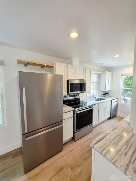 21 Anderson St, Dayton, OH 45410 - kitchen featuring appliances with stainless steel finishes, white cabinets, healthy amount of natural light, light countertops, and recessed lighting