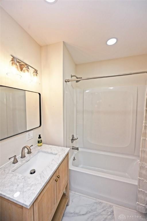 6383 Todhunter Rd, Middletown, OH 45044 - full bath featuring shower / tub combo with curtain, vanity, marble finish flooring, and recessed lighting