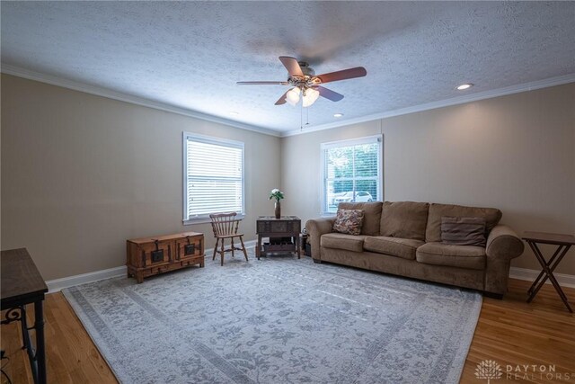 1097 Trudy Ct, Clearcreek Twp, OH 45036 - living area with a ceiling fan, wood finished floors, a textured ceiling, crown molding, and recessed lighting