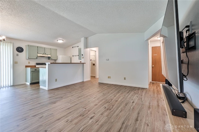 5979 Timbergate Trl, Dayton, OH 45424 - unfurnished living room featuring a textured ceiling, light wood-style floors, and lofted ceiling