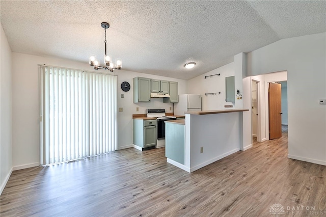 5979 Timbergate Trl, Dayton, OH 45424 - kitchen with a chandelier, vaulted ceiling, white appliances, light wood-style floors, and a textured ceiling