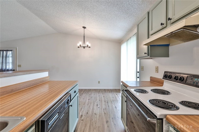 5979 Timbergate Trl, Dayton, OH 45424 - kitchen with white electric range, under cabinet range hood, vaulted ceiling, light wood finished floors, and black dishwasher