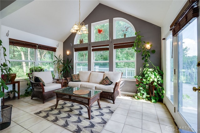 213 Bentridge Dr, Clearcreek Twp, OH 45458 - sunroom with lofted ceiling, plenty of natural light, and a chandelier